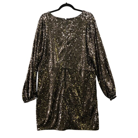 The Drop Helena Sequin Wrap Dress Womens 2X Gold Black Long Sleeve Mini V-Neck - Picture 2 of 13